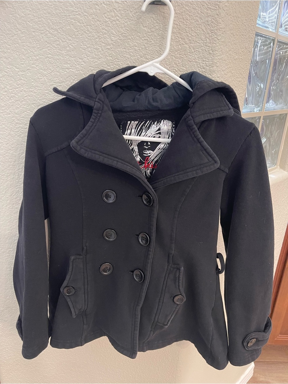 Hot Kiss Black Cotton Double-Breasted Hooded Pea Coat